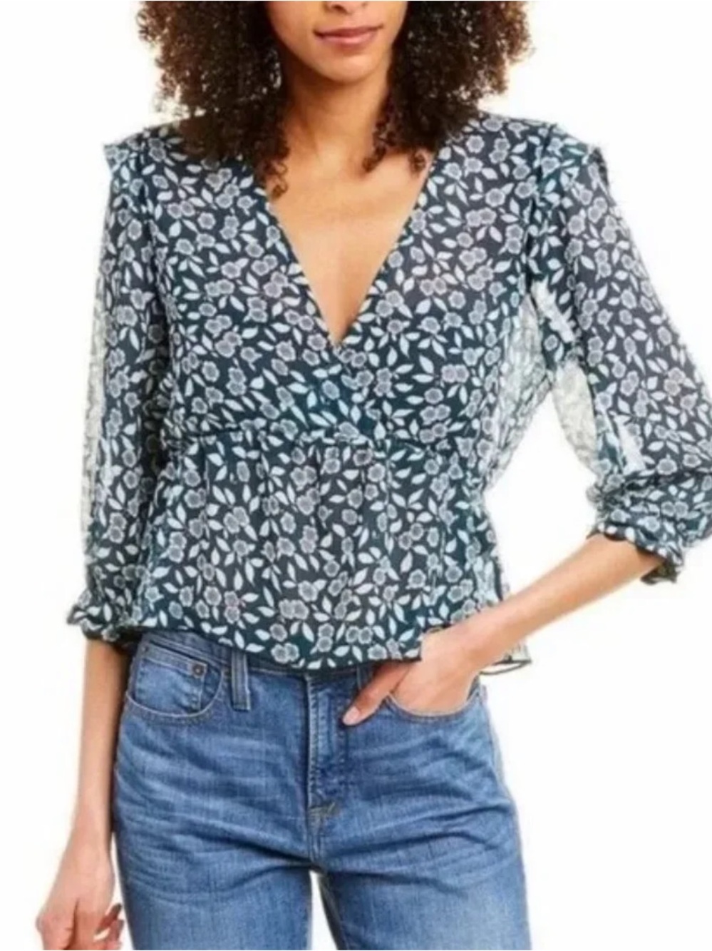 Ba&sh Blanche Sheer Floral V-Neck Peplum Blouse Top Large Peacock Blue Boho